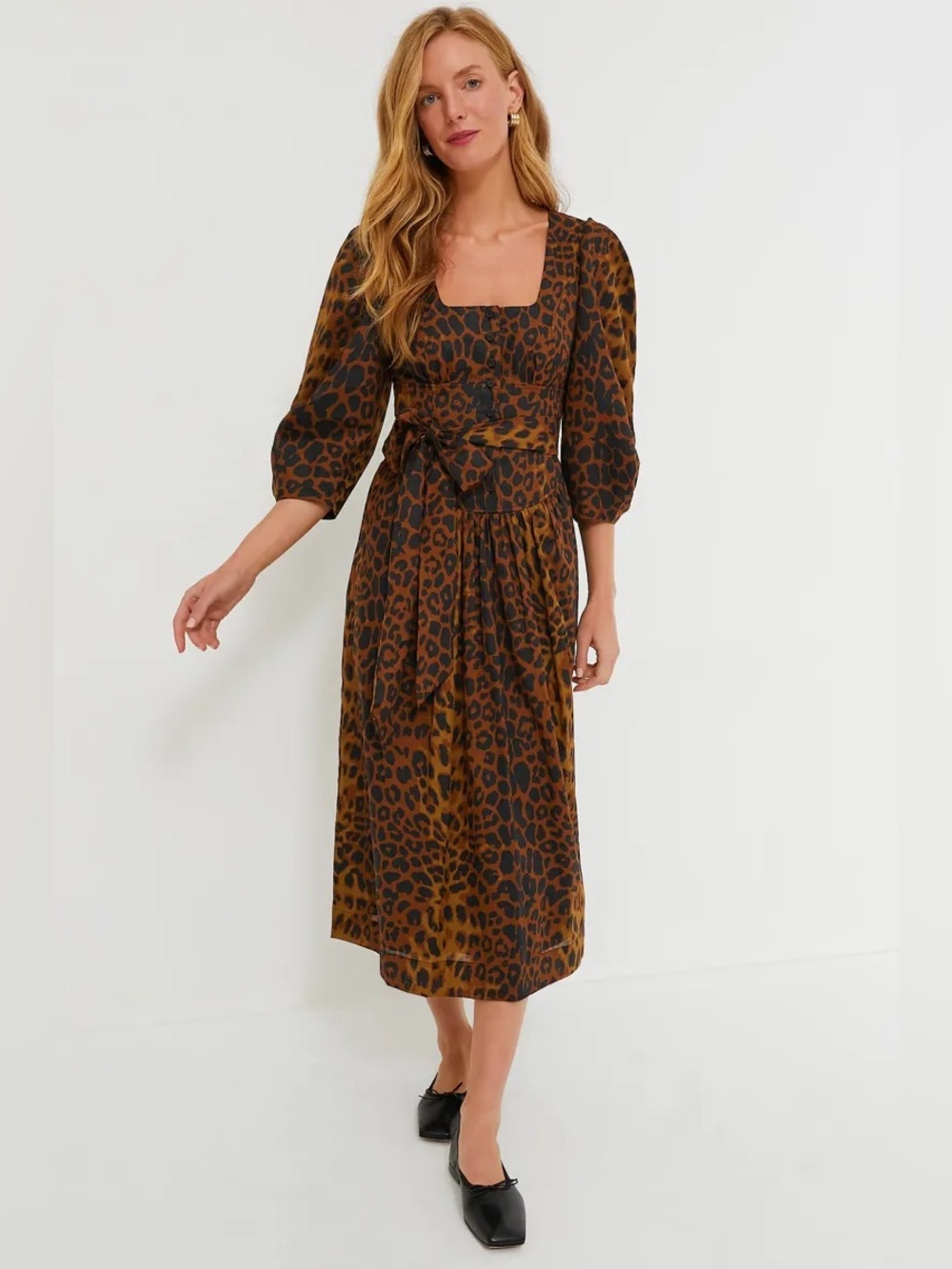 Tuckernuck Leopard Print Graciela Dress Size 8 Brown Black Balloon Sleeve Belt